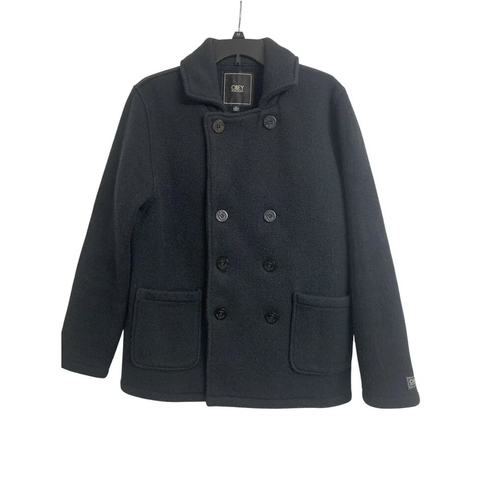 Obey Propaganda M Knit Double Breasted‎ Pea Coat W/ Nautical Buttons